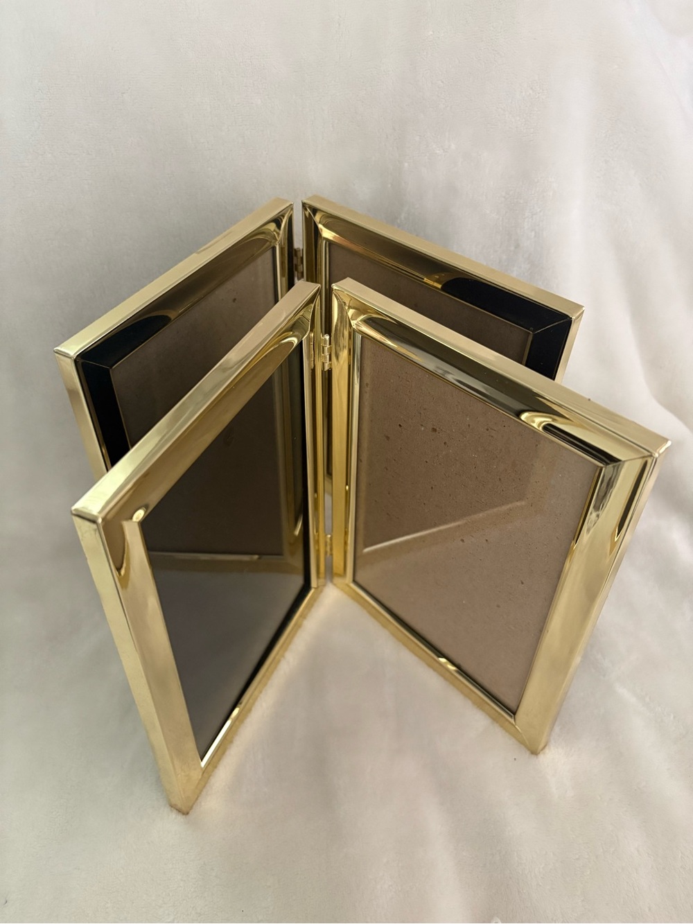 Two Vintage 5 x7 Shiny Brass Gold Tone Hinged Double Folding Photo Pic Frames